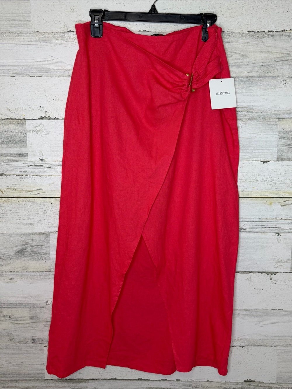 Ellen Tracy Skirt Women's Sz M Red Faux Wrap Linen Blend Midi New
